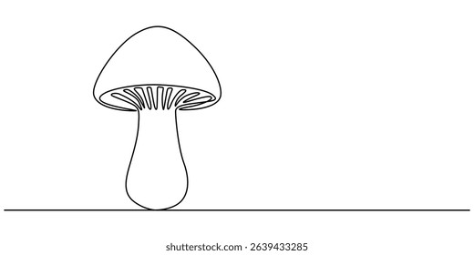 Mushroom line drawing. Nature food concept in continuous one single outline, Single-line art of a mushroom, simple, clean, and tasty. An edible autumn veggie, perfect from nature’s harvest. Champignon