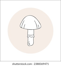 Mushroom line icon black outline in circle. Vector illustration isolated toadstool in doodle style. Design element for theme forest mushrooms, menu, forest, ingredients, recipes, organic products