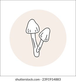 Mushroom line icon black outline in circle. Vector illustration isolated toadstool in doodle style. Design element for theme forest mushrooms, menu, forest, ingredients, recipes, organic products