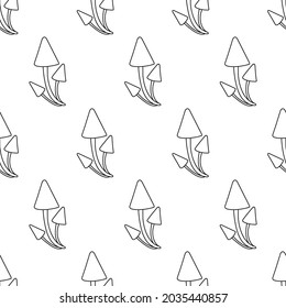 Mushroom line pattern. Beautiful autumn forest big cartoon mushroom. Vector illustration for magazines, prints and stickers on canned food.