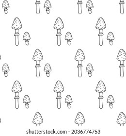 Mushroom line pattern. Beautiful autumn forest big cartoon mushroom. Vector illustration for magazines, prints and stickers on canned food.