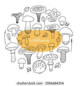 Mushroom linear clip art set. Autumn mood isolated line art icon collection for print, banner, poster, greeting card design element