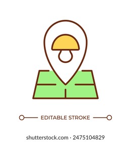 Mushroom location RGB color icon. Mushroom gathering and foraging. Navigation in forest. Fungi farm location. Isolated vector illustration. Simple filled line drawing. Editable stroke