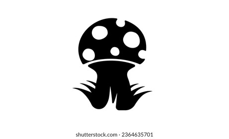 Mushroom logo, black vector icon on transparent background, mushroom in grass