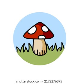 Mushroom logo in a circle with red cap. Fly agaric on the green grass. Natural scenery.