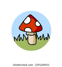 Mushroom logo in a circle with red cap. Fly agaric on the green grass. Natural scenery.