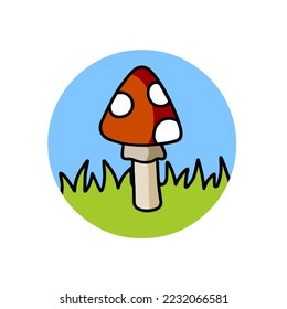 Mushroom logo in a circle with red cap. Fly agaric on the green grass. Natural scenery.