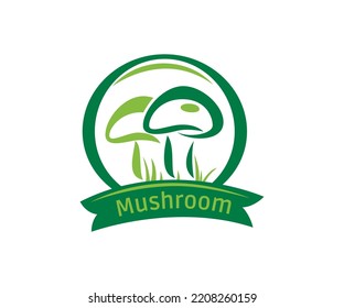 Mushroom logo design. Mushrooms organic farm logo design template in linear style. Vector abstract badge design for mushroom restaurant, vegetarian organic nature meal, agricultural organic products.