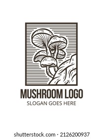 mushroom logo design template. retro style with monochrome flat brown color. outline design icon with horizontal stripped pattern