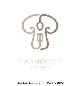 Mushroom logo icon with spoon fork concept outline stroke set flat design brown color illustration isolated on white background with Mushroom text and copy space, vector eps 10