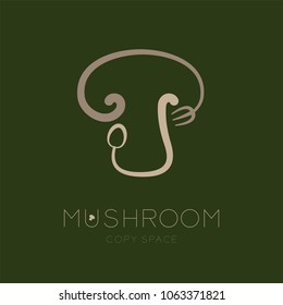 Mushroom logo icon with spoon fork concept outline stroke set flat design brown color illustration isolated on dark green background with Mushroom text and copy space, vector eps 10