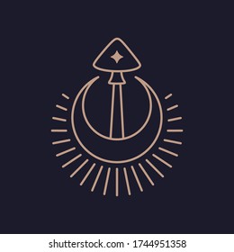 Mushroom logo with the moon. Farm organic design. Fungi medicine agriculture symbol design.