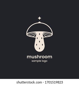 Mushroom logo shop vector. Fungi medicine agriculture outline symbol design on a black background.