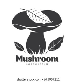 Mushroom logo templates for your design. Autumn, fallen leaves of trees, dry grass. Mushroom badges, labels, brochures, business templates. Vector illustration isolated on white background