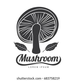 Mushroom logo templates for your design. Autumn, fallen leaves of trees, dry grass. Mushroom badges, labels, brochures, business templates. Vector illustration isolated on white background