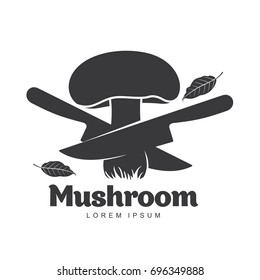 Mushroom logo templates for your design. Autumn, fallen leaves of trees, dry grass. Mushroom badges, labels, brochures, business templates. Vector illustration isolated on white background