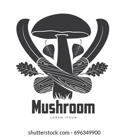 Mushroom logo templates for your design. Autumn, fallen leaves of trees, dry grass. Mushroom badges, labels, brochures, business templates. Vector illustration isolated on white background