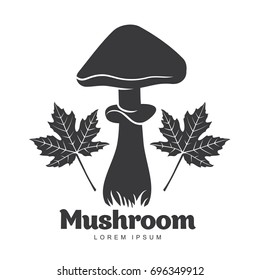 Mushroom logo templates for your design. Autumn, fallen leaves of trees, dry grass. Mushroom badges, labels, brochures, business templates. Vector illustration isolated on white background