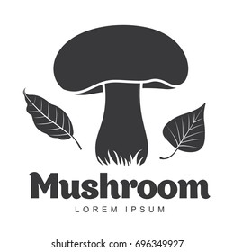 Mushroom logo templates for your design. Autumn, fallen leaves of trees, dry grass. Mushroom badges, labels, brochures, business templates. Vector illustration isolated on white background