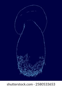 Mushroom with a long stem is shown in a blue background. The mushroom is drawn in a stylized way, with a focus on its stem. The blue background adds a sense of depth and contrast to the image