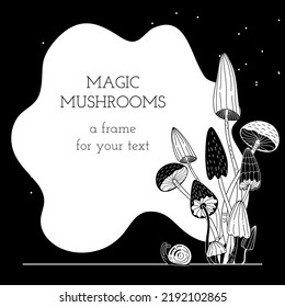 Mushroom magic. Frame template for your text. Doodle style. 