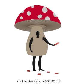 Mushroom man mascot promoter. Male in suit amanita distributes flyers. Puppets fungus engaged in advertising goods
