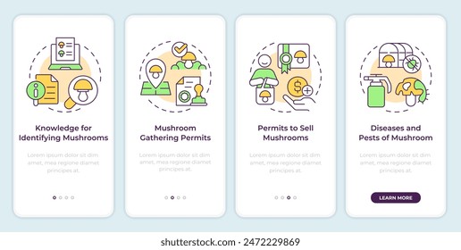 Mushroom management and regulation onboarding mobile app screen. Walkthrough 4 steps editable graphic instructions with linear concepts. UI, UX, GUI template