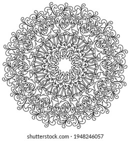 Mushroom mandala with fantasy flowers and curls, zen coloring page with natural elements vector illustration