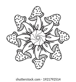 Mushroom Mandala Vintage decorative elements. Circle ornament. Pattern for coloring book in vector. Fantasy fairy mushrooms in the magic forest. Black and white pattern. Zentangle.