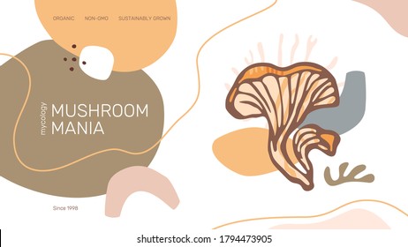 Mushroom Mania web site header or banner vector template. Modern abstract organic shapes, chanterelle mushroom illustration and text samples.