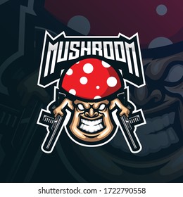 mushroom mascot logo design vector with modern illustration concept style for badge, emblem and tshirt printing. angry mushroom illustration with guns in hand.
