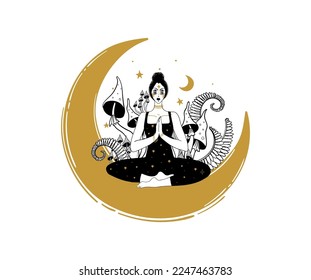 Mushroom microdosing concept, a woman in a lotus position meditates while sitting on the moon. Mystical linear Tattoo, esoteric icon, boho style forest composition with mushrooms and ferns. Vector