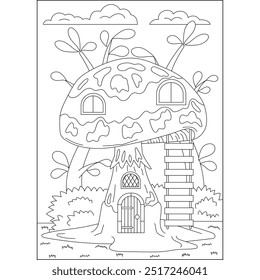 página do livro de coloração da casa em miniatura do cogumelo para crianças e adultos de coloração criativa atividade de relaxamento consciente