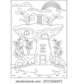 mushroom miniature house coloring book page for kids and adults creative coloring mindful relaxation activity