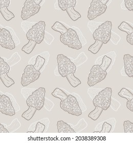 Mushroom Morchella Pattern. Seamless Background Symbols. Doodle Drawn Sketch Hand Made Design Vector.