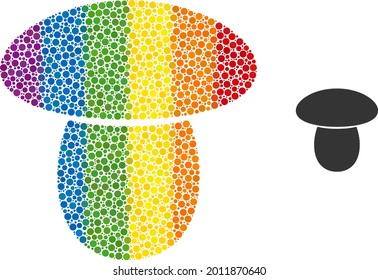 Mushroom mosaic icon of round dots in various sizes and spectrum colored color hues. A dotted LGBT-colored mushroom for lesbians, gays, bisexuals, and transgenders. Vector symbol in LGBT flag colors.