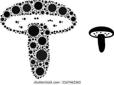 Mushroom mosaic icon. Vector mosaic is constructed with scattered contagious items. Contagious mosaic mushroom icon. Mushroom mosaic for epidemic templates.