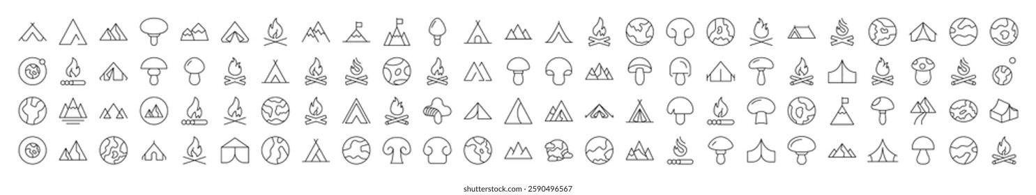 Mushroom, Mountain, Planet, Bonfire Related Linear Illustrations Drawn with Thin Line for Interface, Booklets, Cards, Posts, Infographics