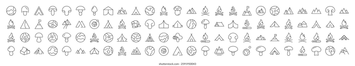 Mushroom, Mountain, Planet, Bonfire Related Linear Signs Drawn with Thin Line for Interface, Booklets, Cards, Posts, Infographics