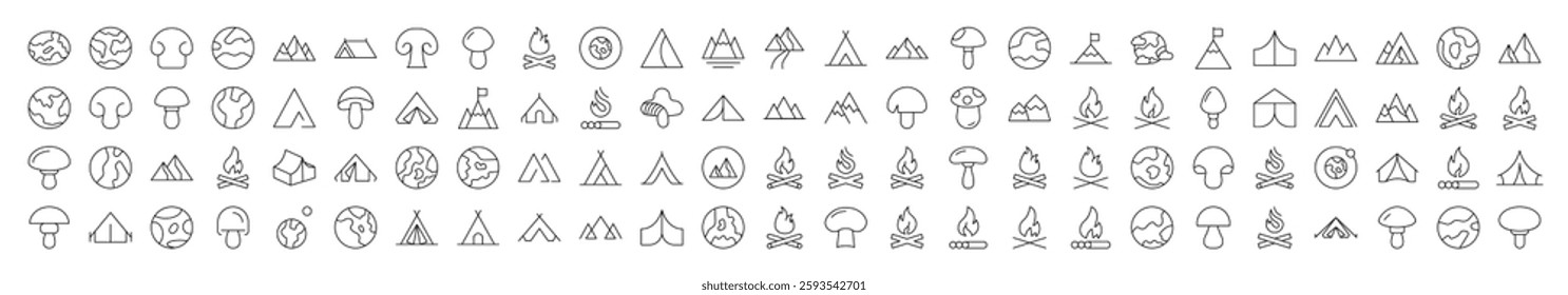 Mushroom, Mountain, Planet, Bonfire Related Linear Symbol Drawn with Thin Line for Interface, Booklets, Cards, Posts, Infographics