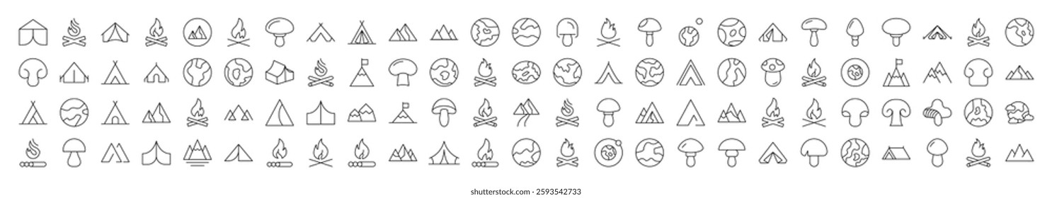 Mushroom, Mountain, Planet, Bonfire Related Simple Sign Drawn with Thin Line for Interface, Booklets, Cards, Posts, Infographics