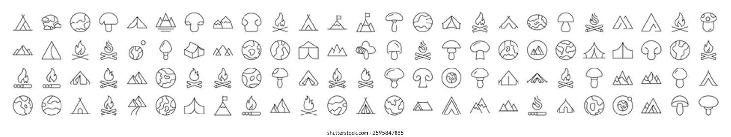 Mushroom, Mountain, Planet, Bonfire Related Simple Symbol Drawn with Thin Line for Interface, Booklets, Cards, Posts, Infographics