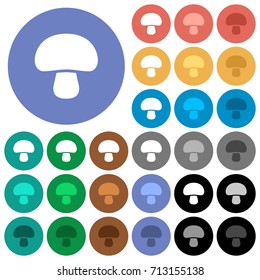 Mushroom multi colored flat icons on round backgrounds. Included white, light and dark icon variations for hover and active status effects, and bonus shades on black backgrounds.