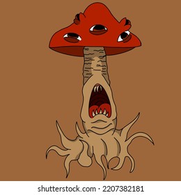 mushroom mutant monster with sharp teeth and tentacles halloween