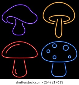 mushroom neon icon group, vector illustration on black background.