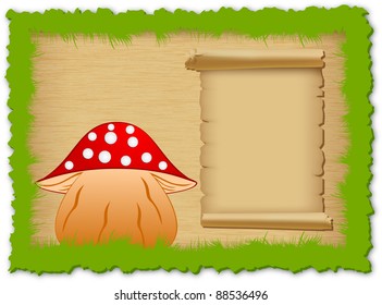 Mushroom and old scroll parchment in green grass frame