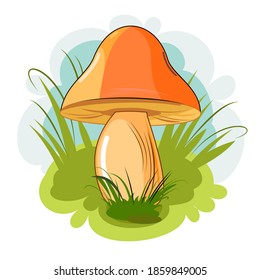 Mushroom on the background of meadows and sky. Cartoon flat style. Scenery. Isolated on white. A beautiful forest mushroom. Vector