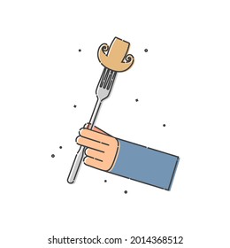Pilz auf einer Gabel in der menschlichen Hand auf weißem Hintergrund. Bio-Gemüse zum Essen. Flache Illustration auf weißem Hintergrund. Line Art Stil. Rahmenbild. Ein Farbbild für das Design von Restaurants.
