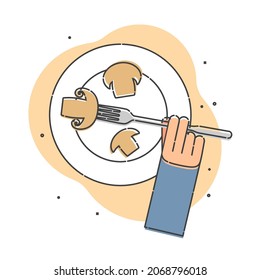 Mushroom on a fork in human hand over the plate. Organic vegetable for eating. Flat illustration on white background. Line art style. Vector outline image. An color image for the design of restaurants
