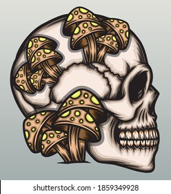 Mushroom on skull head. Premium vector